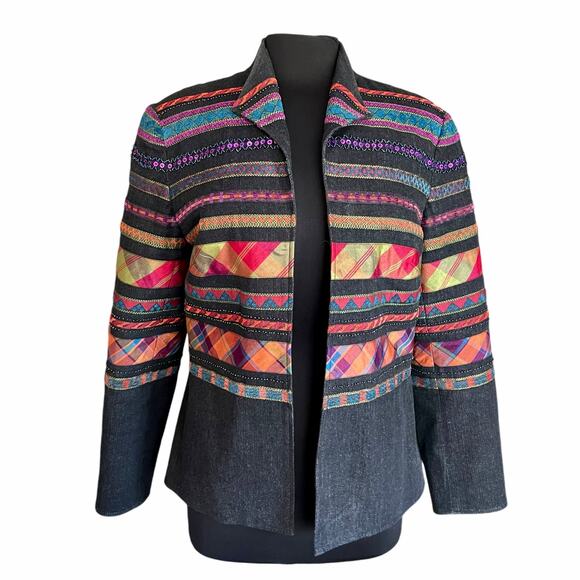 Coldwater Creek Open Front Cotton Blazer Geometric Stripes Beads Sequins Sz 12 - Picture 1 of 11